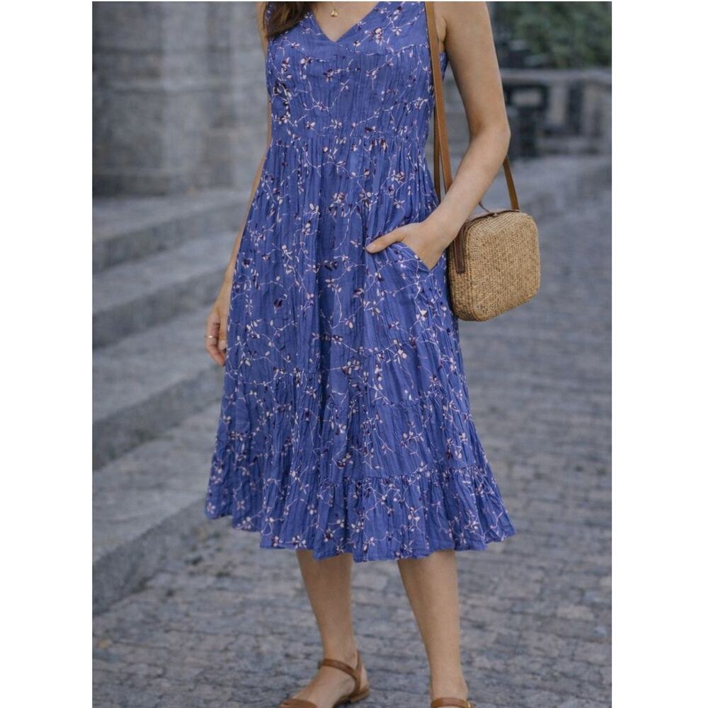 J.Jill Blue Floral Sleeveless Tiered Dress Women’s Medium Petite Rayon Lined